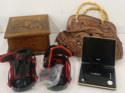 (2) Burton Snowboard Bindings (1) Decrotive Heart Woman's Purse (1) Wood 12" x 10" x 7" Fox Decorated Box (1) Coby Portable VZon Dvd Player