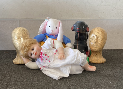 Baby Doll, Decorated Foam Heads, Bunny Plushie, and Black Lamb Pull Toy