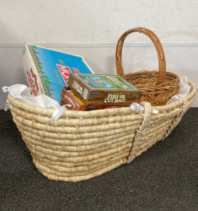 Babydoll Basket, Woven Basket, Dice Games and Monopoly Game *Some Game Pieces Missing*