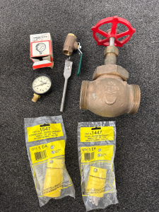 Vintage Gauge, NEW Plug Super Safeway and Connector, Drill Bit, and two Faucet Valves!!