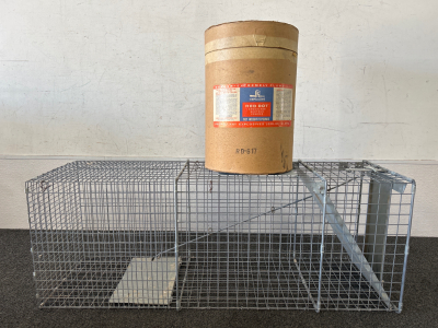 Vintage Hercules &ldquo;Red Dot Smokeless Shotgun Powder&rdquo; Container (no explosives/gun powder inside) & Little Giant Critter Trap 36in x 11in x 13in.