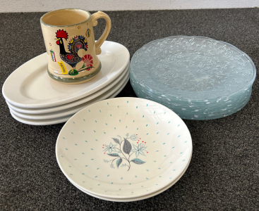 7 Beautiful Dinner Plates with Leaf Design, 4 Classy White Oval Plates, 2 Floral Serving Bowls (shallow but wide) and a Decorative Souvenir Mug from Portugal, All in Great Condition!!!!