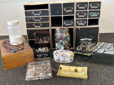 Jewelry Makers and Crafters big catch! Gorgeous array of pieces for making jewelry, tiny colorful shells, 3 beautiful fashion earring and necklace sets, 1 includes a bracelet-unable to authenticate stones and metal, storage bins and jewelry boxes!!