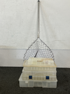For the Fishing Enthusiasts! Fishing Net and 5 Tackle Organizers-please inspect.