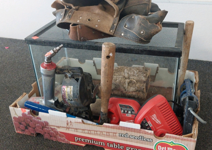 Super Roofer Nail Gun, Shingle/Roofing Hatchets, Battery Cable Lug Crimper, old Tool Belt. Caulking Gun Skeleton, 2 Milwaukee M12 Chargers & Critter Tank w/ accessories included.