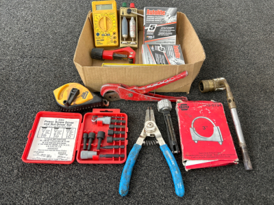 Box of Tools: Spark Plugs, Torch Attachments, Brass Plumb Bob and More
