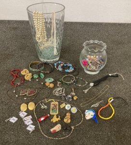 Vase Of Costume Jewelry & Vase With Clear Marbles