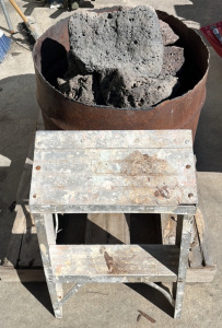 Fire Pit, Lava Rocks, and Metal Step Stool