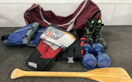 3 life Jackets, 1 Paddle, Duffle Bag, Weights, and Boy Snow Boots