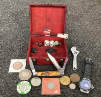 Trinket Box With Collectible Coins, MLB Watch, Big Deer Pocket Knife And More