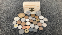 Small Wood Box Of Foreign And Domestic Coins