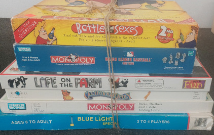 Board games. Battle of the semester, Monopoly Major League Baseball edition, Life on the farm, CaliforniaOpoly, Monopoly Parker Bros. & Blue light special.