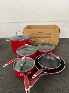 KitchenAid Cookware Set!! Beautiful Red with Coated Lining, some have wear on the coating from use. Stock pot , Deep Skillet, 2 Saucepans and 2 Frying Pans-please inspect.