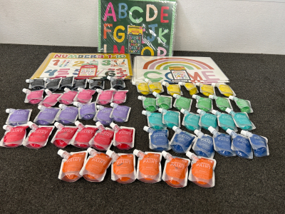 Fun lot for crafters, daycares, preschools and all lovers of fun paint colors, positive vibes, learning to count and the alphabet!! 6 of each color, 2 Alphabet Posters, 10 Numbers Posters, and 4 “Come Together” posters -please inspect.