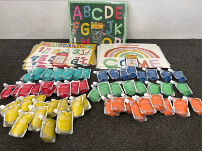 Fun lot for crafters, daycares, preschools and all lovers of fun paint colors, positive vibes, learning to count and the alphabet!! 10 Orange, 8 Green, 8 Blue, 13 Yellow, 10 Red, 11 Turquoise. 2 alphabet posters, 9 numbers posters, and 5 “Come Together” p