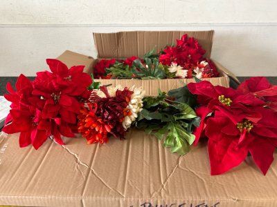 2 boxes of Faux Poinsettias in 2 sizes & Mums in dark red, deep orange and off-white, plus Foliage -please inspect.