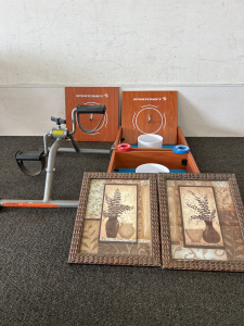 Family Fun with Sportcraft Washer Toss, Pedal Foot Cycle and 2 wall hanging in 8x10 Frames-please inspect.