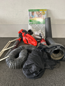 Black & Decker Leaf Collection System with Attachments, Shelf Brackets (2), Fire Extinguisher and Air Filters (2) 14x25x1. Please inspect.