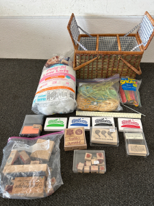 Stampers & Crafters lot!!! Cute picnic basket for storage, variety of different stamps and ink pads with ink!! Raffia and yarn, colorful jumbo craft sticks, batting, ruler and crochet hook-please inspect.