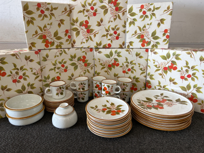 Vintage Cherry Branch with fruit and flowers dinnerware and tea/coffee cups , 2-tone saucers & serving dishes: 7 Dinner plates, 8 small plates, 9 tea/coffee cups, 8 saucer plates & 3 small serving dishes (full set made in Japan). Please inspect.