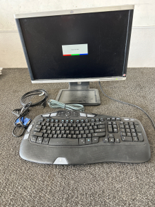 Hp Monitor (works!), Logitech ergonomic keyboard (works!), monitor cable, HDMI cable & Ethernet cable - please inspect.