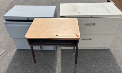 2 Long Filing Cabinets and 1 Old School Desk
