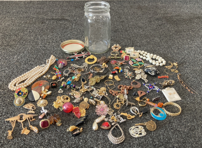 Mason Jar Of Costume And Vintage Jewelry