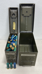 (2) Green Metal Ammunition Boxes, One Box Full Of Shotgun Ammo