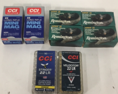 (100) CCI .22LR Ammunition Cartridge’s (200) Remington Viper 22 .22LR Ammunition Cartridge’s (50) CCI Velocitir .22lr Ammunition Cartridge’s (50) CCI Stinger .22LR Ammunition Cartridge’s