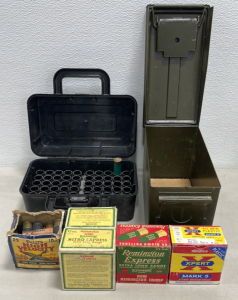 (2) Boxes Kleanbore Nitro Express 12ga 2-3/4” Shot Shells (1) Box Remington Express 12ga 2-3/4” Shot Shells (1) Box Western Xpert Mark 5 12ga 2-3/4” Shot Shells (1) Case Guard 100 Shotgun Ammunition Box, (1) Green Metal Ammunition Box