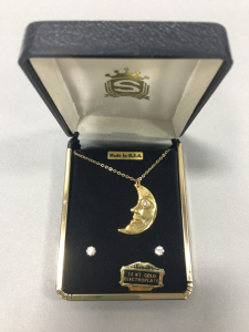 14 KT Gold Electroplate Moon Necklace With Stud Earrings