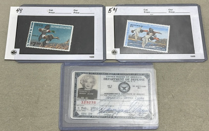 ((2) Department Of The Interior Duck Stamps, Mint, Unused, Original Gum&hellip; 1981 Mallards Ducks In Flight, 1988 Red Head Ducks In Flight, (1) US Army ID Card For 1954 Marilyn Monroe&rsquo;s Visit To Troops In South Korea