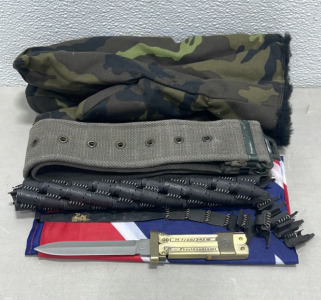 (1) Pair Czech M95 Winter Shooters Mittens, (1) Scissor Action WWII German Inscibed Paratrooper Knife, (1) British Cotton Adjustable Utility Belt W/ Furnishings, (1) WWII German M34/42 8mm Machine Gun Ammo Belt W/ Starter Tab