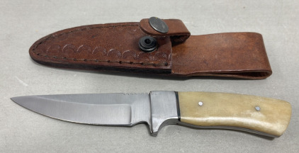 (1) Small 4&rdquo; Blade Bone Handled Knife W/ Leather Sheath