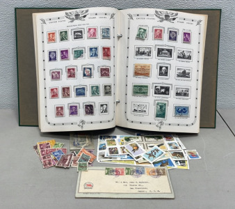 (1) Big Stamp Collection In The Victory United States Stamp Album Book, Lots Of Loose Stamps And Old Envelopes