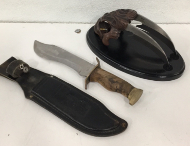(1) United Cutlery Relic Series Saber Tooth Dagger With Stand (1) Pakistan 7&rdquo; Hunting Knife Woth Sheath