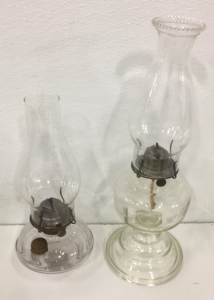 (1) Antique P&A MFG. Clear Glass 19&rdquo; Oil Lamp (1) Antique P&A MFG. Purple Hue Glass 13&rdquo; Oil lamp