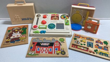 Vintage Fisher-Price Toys: Medical Kit, Activity Center, Music Box/Record Player, Candy Man Music Box/Radio, (3) Wood Puzzles