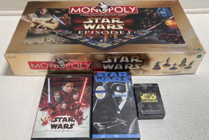 Star Wars: Ep 1 Monopoly, The Last Jedi DVD, A New Hope VHS, Original Trilogy Cards