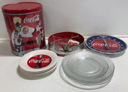 Coca-Cola Products: Christmas Tin, Paper Plate Holder, (4) Plastic Plates, (4) Small Plates, (6) Glass Plates