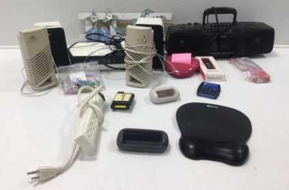 (2) Multimedia Speakers, JVC Micro Component System, Sony Radio, Paper Clips And More