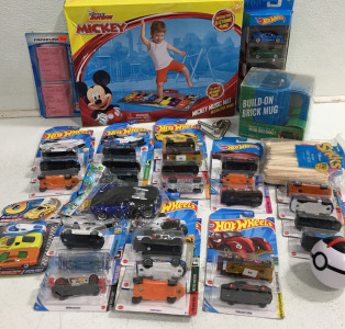 (33) Assorted Hot Wheels in Package (1) Disney Mickey Music Mat (1) Build on Brick Mug & More!!