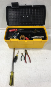 Lots Of Various Tools In Box Including Screwdrivers, Diagonal Cutting Pliers, And More