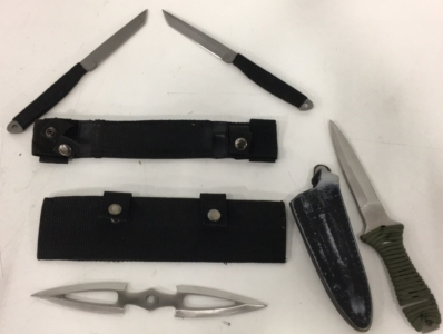 (2) Ridge Runner 4&rdquo; Throwing Knives With Sheath (1) Double Edged 9&rdquo; Throwing Knife With Sheath (1) Pakistan 5&rdquo; Throwing Knife With Sheath