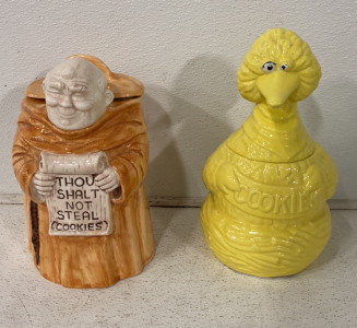 (1) Big Bird Sesame Street Glass Cookie Jar, (1) Vintage Treasure Craft Jar Friar Monk Glass Cookie Jar