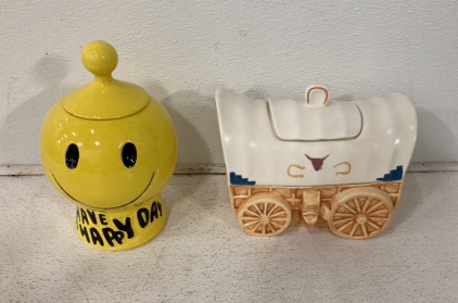 (1) Glass Treasure Craft Covered Wagon Cookue Jar, (1) Glass Have A Happy Day Cookie Jar