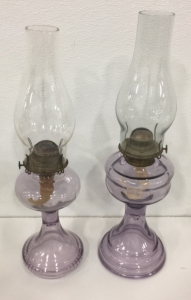 (2) Antique Unbranded Purple Glass 18.5&rdquo;-19&rdquo; Oil Lamps
