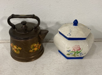 (1) McCoy Teapot Glass Cookie Jar, (1) Floral Glass Cookie Jar