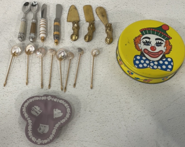 (5) Antique Decorative Spreaders, (2) Antique Snack Spoons, (1) Wedgwood Jasperware Trinket Holder And More