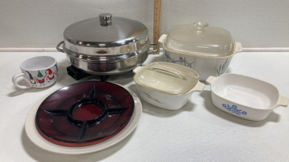 (3) Corningware Bakeware, Farberware Electric Pan, Large Plate, Red Glass Serving Plate, Christmas Mug